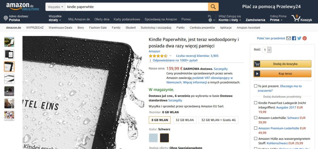 Kindle Paperwhite w serwsie Amazon.de