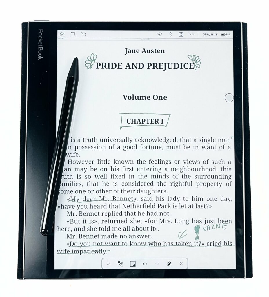 Notatnik e-ink PocketBook Inkpad Eo z funkcją notowania na plikach. 